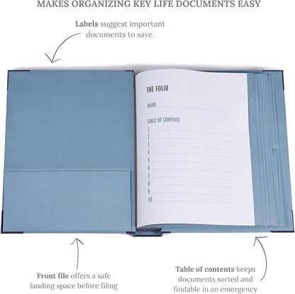 The Folio® Important Document Organizer by Savor | Binder with Guided Labels, Acid-Free File Folder Organizer with 10 Pockets, Document Holder for Home Records, Legal and Medical Papers (Blue)