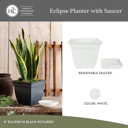The HC Companies 8 Inch Eclipse Square Planter Pots with Drainage Holes & Attached Saucer, Lightweight UV-Resistant Plastic Indoor Outdoor Planters, 4-Pack Flower Pots for Garden & Home Decor, White