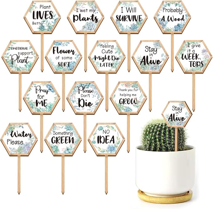 15 Pcs Hexagonal Funny Plant Markers, Water Please Pray for Me Plant Labels Wood Greenery Garden Tags for Vegetable Flower Herb Succulent Seedling Potted, 2.5x4.7 Inch
