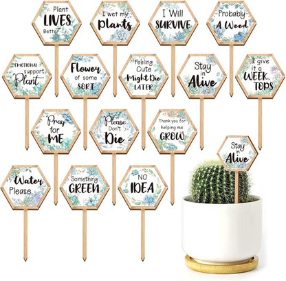 15 Pcs Hexagonal Funny Plant Markers, Water Please Pray for Me Plant Labels Wood Greenery Garden Tags for Vegetable Flower Herb Succulent Seedling Potted, 2.5x4.7 Inch