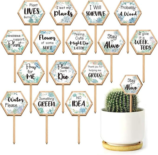15 Pcs Hexagonal Funny Plant Markers, Water Please Pray for Me Plant Labels Wood Greenery Garden Tags for Vegetable Flower Herb Succulent Seedling Potted, 2.5x4.7 Inch