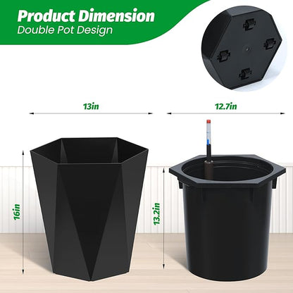 GarveeLife 16 in Tall Diamond Planters Set of 2, Self Watering Planters with Water Level Monitor, Flower Pots Outdoor and Indoor for Patio, Porch, Living Room, Home Office, Black