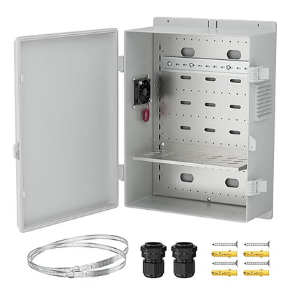 Joinfworld Vented Outdoor Enclosure Box 18.1x12.6x6.4 Outdoor WiFi Enclosure Waterproof White Nema Electrical Box with Cooling Fan for Electronics