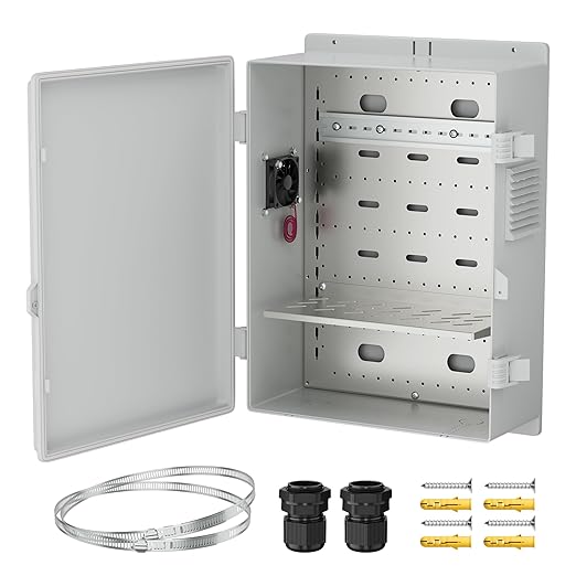 Joinfworld Vented Outdoor Enclosure Box 18.1x12.6x6.4 Outdoor WiFi Enclosure Waterproof White Nema Electrical Box with Cooling Fan for Electronics