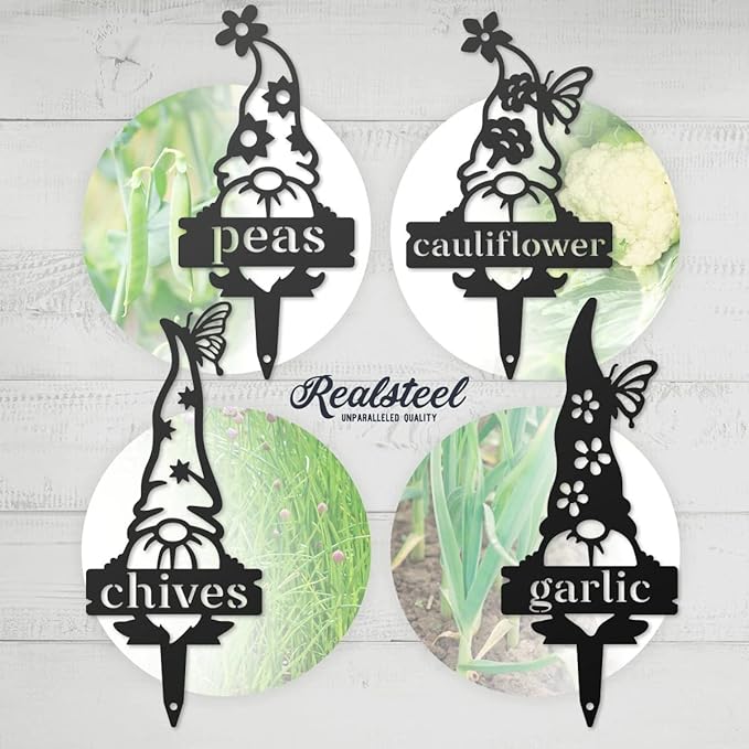 RealSteel Gnome Plant Markers Metal Garden Stakes | Outdoor Garden Labels & Plant Tags for Vegetables & Herbs | Decorative Yard & Raised Bed Garden Signs | Gardening Gift | Made in USA - (Rhubarb)