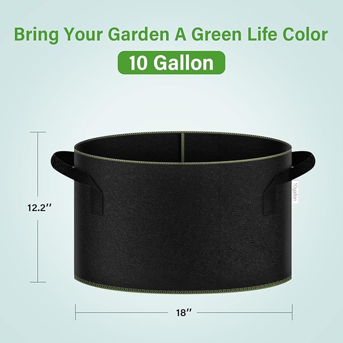 iPower 5-Gallon 10-Pack Grow Bag Thickened Nonwoven Fabric Pots Heavy Duty Aeration Container with Strap Handles for Garden and Planting Vegetable Flowers, Black with Green Stitch Sewing