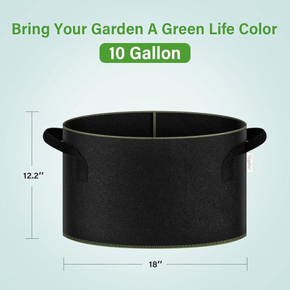 iPower 5-Gallon 10-Pack Grow Bag Thickened Nonwoven Fabric Pots Heavy Duty Aeration Container with Strap Handles for Garden and Planting Vegetable Flowers, Black with Green Stitch Sewing
