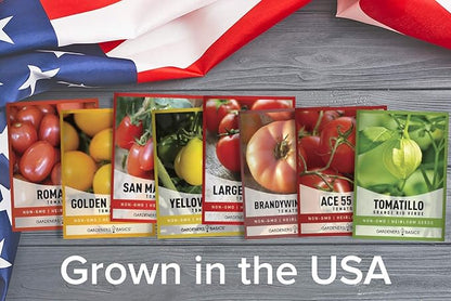 Gardeners Basics, Heirloom Tomatoes for Planting 8 Variety Pack, San Marzano, Roma VF, Large Cherry, Ace 55 VF, Yellow Pear, Tomatillo, Brandywine Pink, Golden Jubilee Tomato Seeds for Garden Non GMO