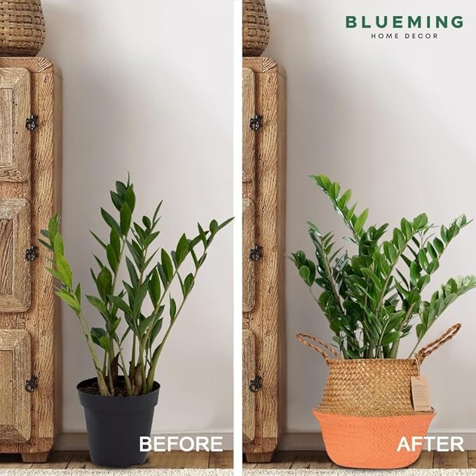 Blueming Large Wicker Planter Basket – 12 Inch Seagrass Plant Pot in Boho Orange for Olive Trees, Faux Plants, or Indoor Decor, Woven Baskets Basket for Living Room or Modern Home Styling