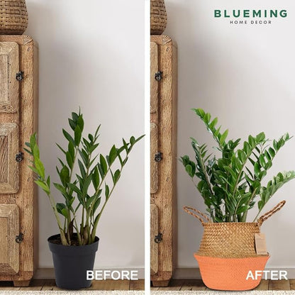 Blueming Large Wicker Planter Basket – 12 Inch Seagrass Plant Pot in Boho Orange for Olive Trees, Faux Plants, or Indoor Decor, Woven Baskets Basket for Living Room or Modern Home Styling