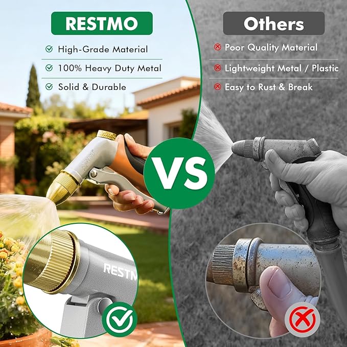 RESTMO Heavy Duty Metal Water Hose Nozzle, High Pressure Garden Hose Nozzle, Hose Sprayer Nozzle with Adjustable Spray Patterns for Garden Watering, Car Washing, Patio and Pet, Orange