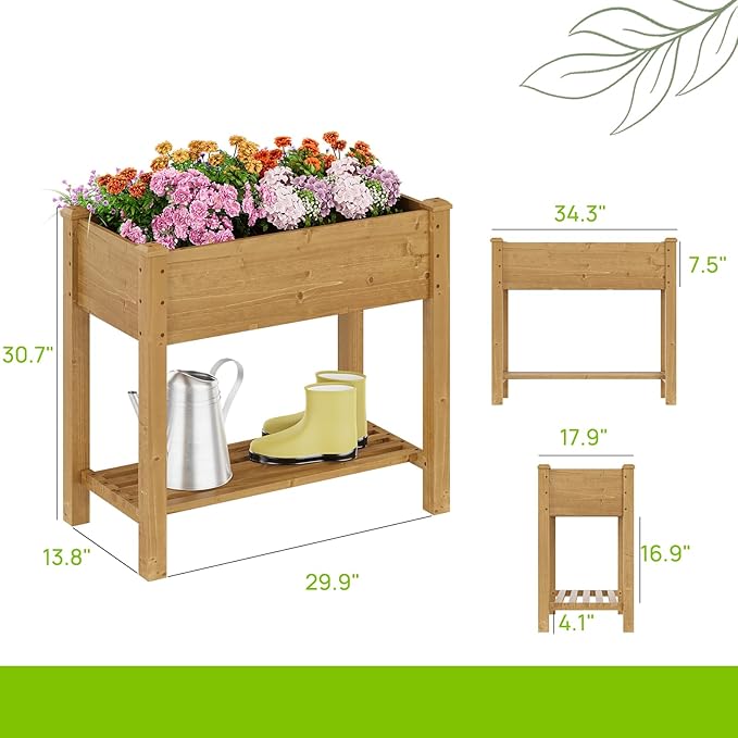 Raised Garden Bed with Legs, Wooden Raised Garden Bed with Storage Shelf, 34x18x30.7in, Elevated Wood Planter Box for Vegetables Flowers Herbs, Garden Planter for Backyard Patio Balcony (Brown, S)