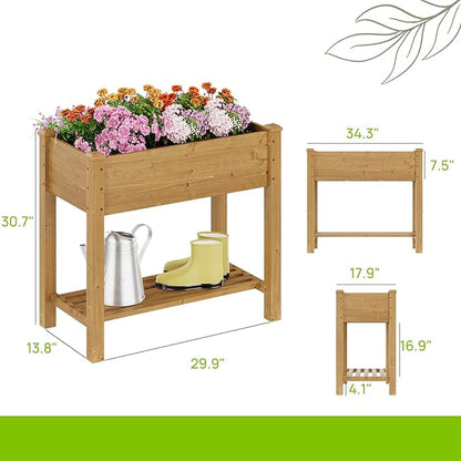 Raised Garden Bed with Legs, Wooden Raised Garden Bed with Storage Shelf, 34x18x30.7in, Elevated Wood Planter Box for Vegetables Flowers Herbs, Garden Planter for Backyard Patio Balcony (Brown, S)