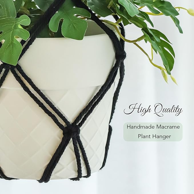 4 Pack Macrame Plant Hangers Indoor Up to 10 inch Pot, Boho Hanging Planters, Plant Holder with 8Pcs Stainless Steel Hooks(4Pcs Black Hanger)