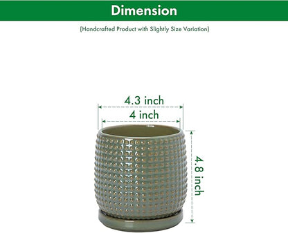 D'vine Dev 4 Inch Ceramic Beaded Stoneware Planter Pot - Flower Pot with Drainage Holes and Saucers for Indoor Succulent Plants or Flowers, Olive, 27-C-Z-0