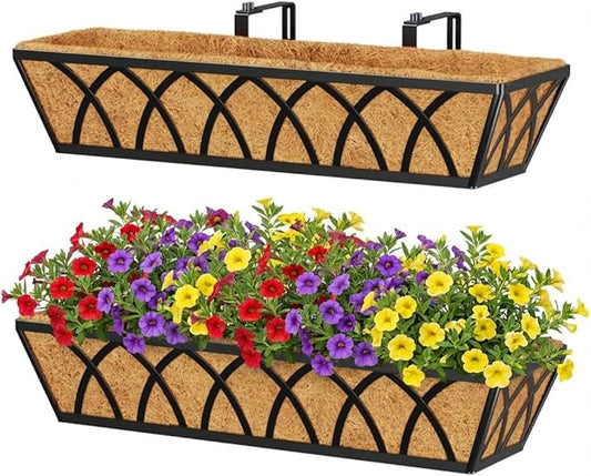 Y&M Planter, 24in Metal Box with Coco Liner, Indoor Outdoor Window/Railing Planter, 2pcs, Black