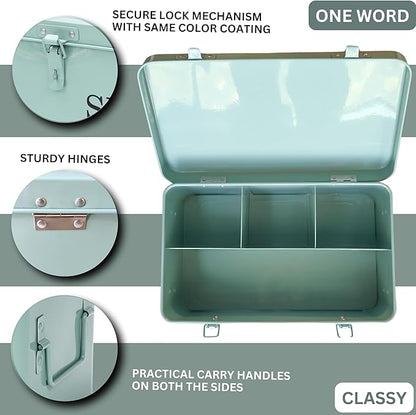 Large Modern Green Rectangular Metal Seed Storage Box with 4 Compartments and 40 Envelopes and 20 Bamboo Plant Labels