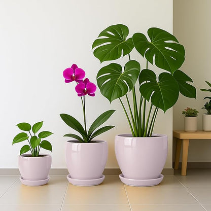 Deep Dream 10 Inch Plant Pot- Ceramic Planter Pot Round Plant Pots for Indoor Plants Outdoor Large Flower Pot with Drainage Holes & Trays, Pink
