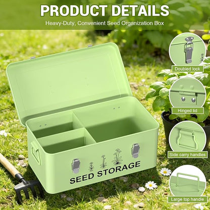 60 Slots Seed Organizer Seed Storage Seed Box 3 Compartments Seeds Organizer Storage Box Metal Garden Seeds Packet Container with Lid and Safety Locks for Flower Plants Garden