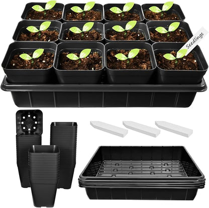 June Fox 4 Inch Nursery Pots for Plants, 5 Pcs Seed Starter Tray Kit, 60 Pcs Plastic Seedling Pots with Drain Holes, 60 Plant Labels (Black)