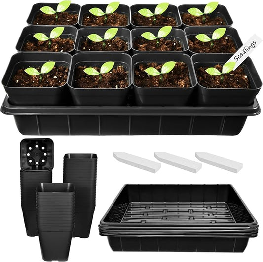 June Fox 4 Inch Nursery Pots for Plants, 5 Pcs Seed Starter Tray Kit, 60 Pcs Plastic Seedling Pots with Drain Holes, 60 Plant Labels (Black)