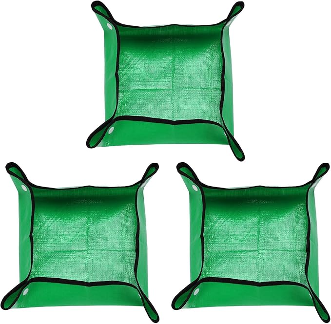 HARFINGTON 3pcs Repotting Mat 13" x 13" PE Cloth Waterproof Plant Repotting Mat Foldable Portable Gardening Potting Tray with Plastic Buckle for Indoor Plant Change Soil Watering, Green