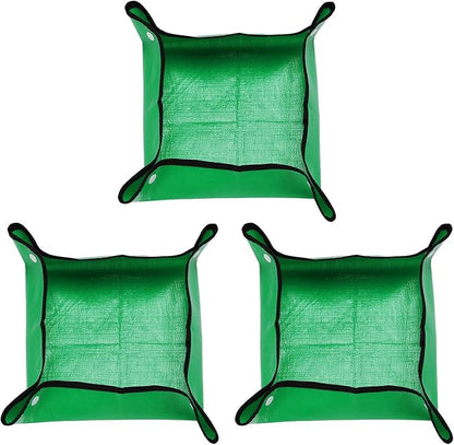 HARFINGTON 3pcs Repotting Mat 13" x 13" PE Cloth Waterproof Plant Repotting Mat Foldable Portable Gardening Potting Tray with Plastic Buckle for Indoor Plant Change Soil Watering, Green