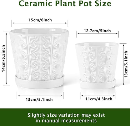 EFISPSS Ceramic Plant Pots, 5+6 Inch Pots for Indoor Plants, Planters with Drainage Holes and Tray, Modern Flower Pots Gardening Home Desktop Office Windowsill Decoration Gift Set of 2 - White