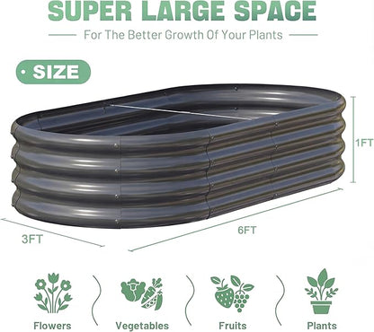 AHEONLAR 3 Pack 6×3×1ft Galvanized Raised Garden Beds, Oval Durable Planter Boxes Outdoor for Vegetables, Fruits, Flowers and Plants, Quick Assembly, Grey