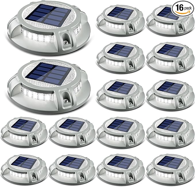 SIEDiNLAR Solar Driveway Lights Outdoor 4 Modes 40 LEDs Deck Driveway Markers Marine Dock Light Waterproof for Walkway Ground Pathway Step Garden Yard, White/Warm Dynamic Lighting (16 Pack)