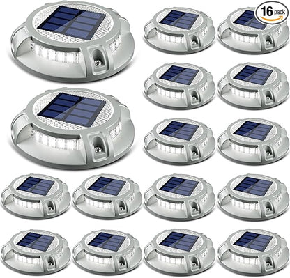 SIEDiNLAR Solar Driveway Lights Outdoor 4 Modes 40 LEDs Deck Driveway Markers Marine Dock Light Waterproof for Walkway Ground Pathway Step Garden Yard, White/Warm Dynamic Lighting (16 Pack)