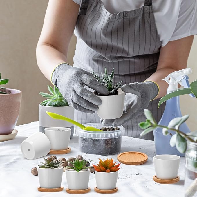 Hsei 24 Pack 2.5 Inch Mini Succulent Plant Pots Valentine's Small Ceramic Flower Pot with Bamboo Tray Garden Cactus Herb Container Home Office Decoration for Birthday Wedding Favor Gifts (White)