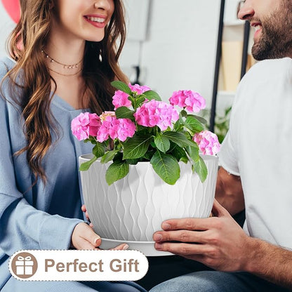 12 Inch Large Plant Pots for Indoor or Outdoor Plants, Wide Water Ripples Flower Pots with Drainage Holes & Saucer, Plastic Planters Set for Garden & Home Decor (White)