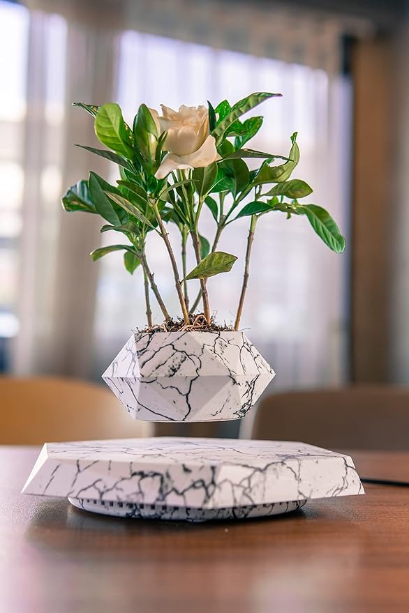 Levitation Air Bonsai Magnetic Levitating Mini Rotating Flower Planter, Suspension Floating Succulents Pot for Sky-Garden, Home, Living Room, Office Desk Decor (Marble Color)