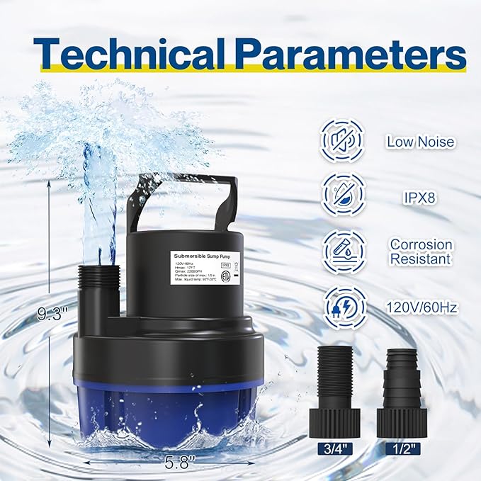 AgiiMan 1/2HP Submersible Water Pump, 2200GPH Portable Sump Pump for Pool Draining, Pool Cover Pump with 25FT Power Cord for Basements, Pool, Fountains, Hot Tub, Garden, Blue