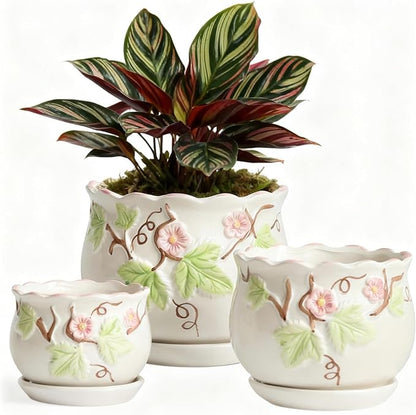 Vintage Flower Pots for Indoor Plant, Round Ceramic Plant Pots with Drainage Holes and Saucers, 6.7/5.2/3.9 Inches Retro Flower Planters Set of 3 (Morning Glory)