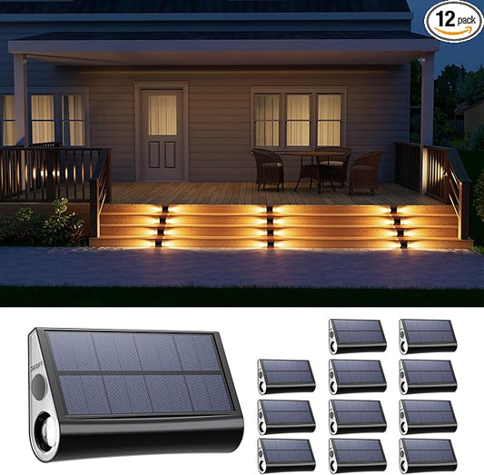 12 Pack Solar Powered Stair Lights Outdoor Waterproof Warm White Lamps for Deck Step Safety Outside Decorative LED for Porch, Sideway, Backyard, Garden, Pool, Easy Installation & All Night Lighting