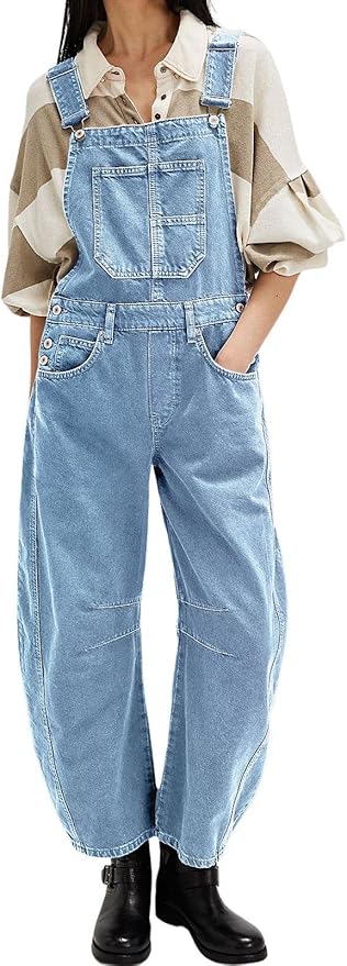 loveimgs Women Y2k Baggy Barrel Jeans Overalls Wide Leg Denim Pants Bib Overalls Jumpsuit Boyfriend Patchwork Jeans