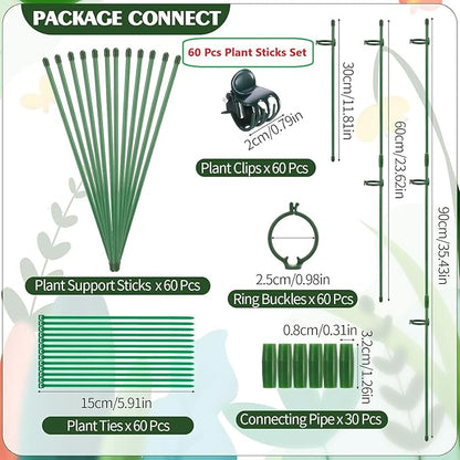 30 Pcs Adjustable Plant Sticks, 12 in Plant Support Sticks Plant Support Stakes with Orchid Clips Garden Ties Plant Support Cage for Potted Plants Indoor Orchid Flower Tomato, Green