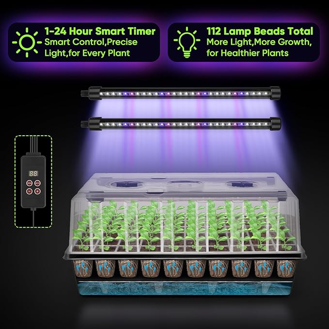 BlumWay 120-Cell Self-Watering Seed Starter Tray with Grow Light, 1-24H Timer, Seed Starter Kit with 4.02" Humidity Dome, Seedling Tray for Indoor Plant Starter, Plant Germination Trays-Black