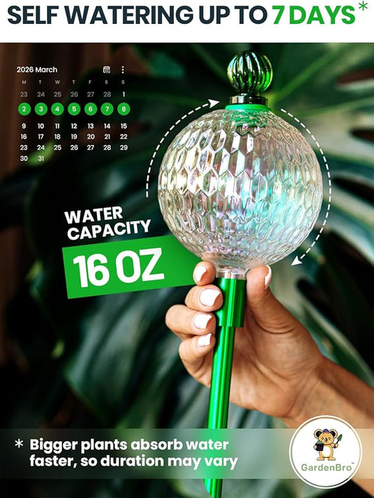 16 Oz Plant Watering Globes for Indoor Plants with Metal Self Watering Planter Insert - Premium XL Glass Hand-Blown Globe - Automatic Plant Waterer Indoor, Gift Idea for Gardeners [1 Globe, Textured]