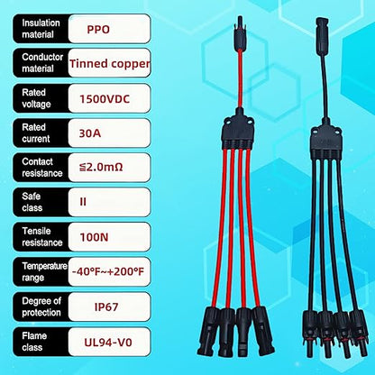 1 Pair Solar Y connectors 1 to 4-Turn Waterproof Parallel Solar connectors, 12AWG tinned Copper Solar Panel Cable Plug connectors (M/FFFF and F/MMMM)