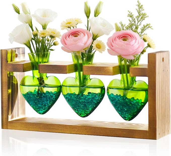 Nacome Plant Terrarium Propagation Stations: Birthday Gifts for Plant Lovers Women Mom Wife Daughter - 3 Bulb Glass Vase with Wooden Stand Tabletop for Hydroponics Home Garden Decor(Green)