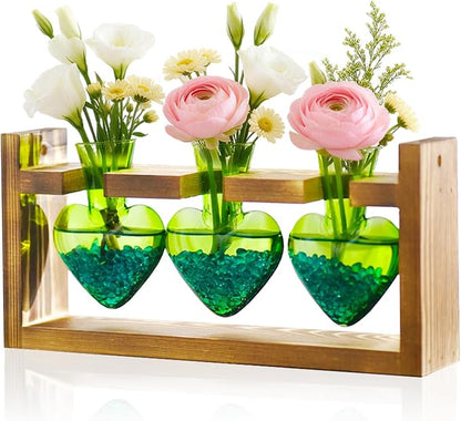 Nacome Plant Terrarium Propagation Stations: Birthday Gifts for Plant Lovers Women Mom Wife Daughter - 3 Bulb Glass Vase with Wooden Stand Tabletop for Hydroponics Home Garden Decor(Green)