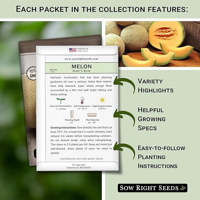 Sow Right Seeds - Cantaloupe Fruit Seed Collection for Planting - Individual Packets Honey Rock, Hales Best and Honeydew Melon - Non-GMO Heirloom Seeds to Plant an Outdoor Home Vegetable Garden