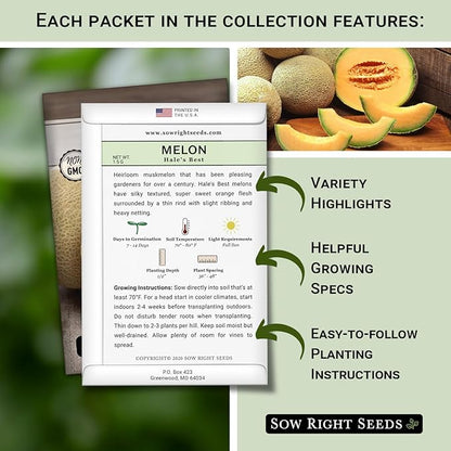 Sow Right Seeds - Cantaloupe Fruit Seed Collection for Planting - Individual Packets Honey Rock, Hales Best and Honeydew Melon - Non-GMO Heirloom Seeds to Plant an Outdoor Home Vegetable Garden