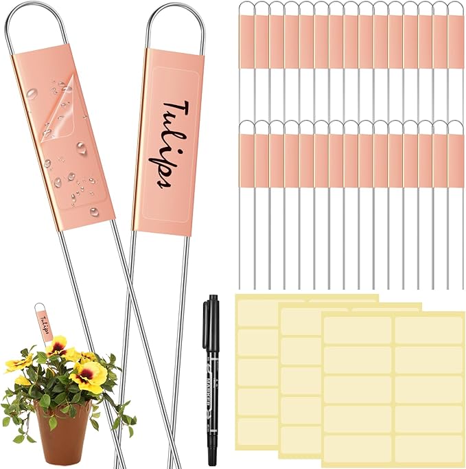 Moxweyeni 61 Pieces Metal Plant Tags Kit 30 Pieces Copper Metal Plant Labels 30 Rainproof Pet Films 1 Marker Pen Reusable Planting Garden Markers Nursery Tags (U Shape)