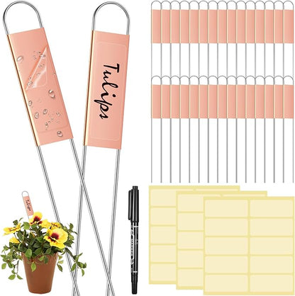 Moxweyeni 61 Pieces Metal Plant Tags Kit 30 Pieces Copper Metal Plant Labels 30 Rainproof Pet Films 1 Marker Pen Reusable Planting Garden Markers Nursery Tags (U Shape)