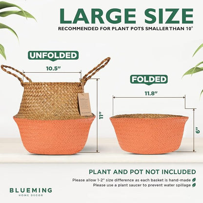 Blueming Large Wicker Planter Basket – 12 Inch Seagrass Plant Pot in Boho Orange for Olive Trees, Faux Plants, or Indoor Decor, Woven Baskets Basket for Living Room or Modern Home Styling