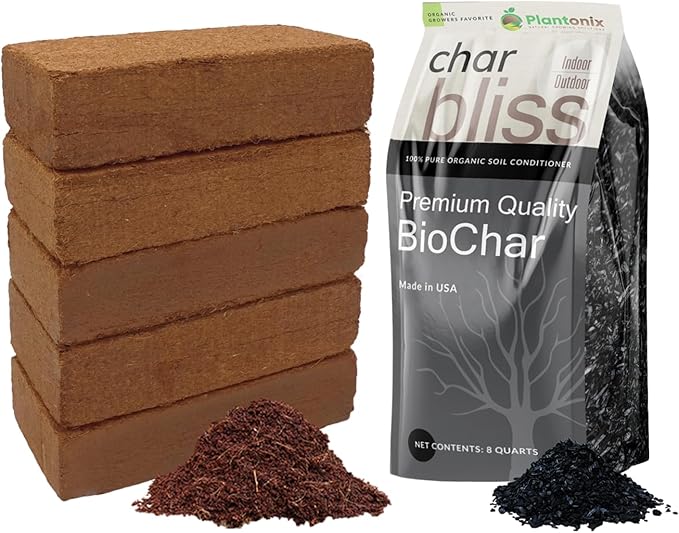 Coco Coir 650gm Bricks (5-Pack) + Char Bliss (8 Qts) - Organic Coco Coir Bricks & Biochar for Plants - Coconut Coir for Plants - Biochar Soil Amendment - Charcoal for Plants - Garden Soil Potting Mix